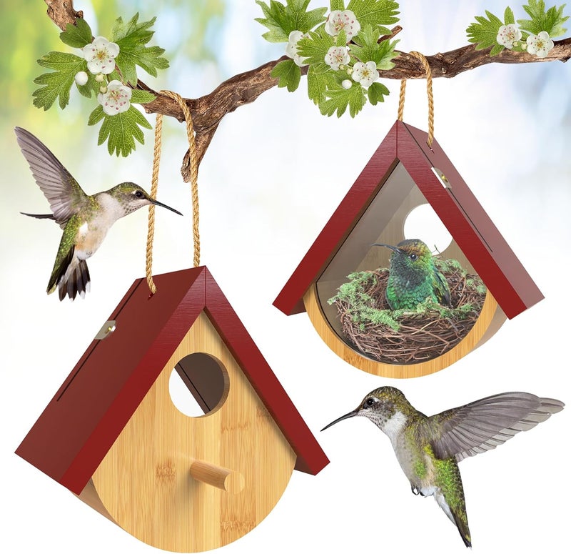 DFANG 2 Pack Hummingbird House, Window View Wooden Bird Houses for Outside Hummingbird Houses for Nesting, Hanging Chickadee House for Indoor Outdoor with Hemp Ropes - Image 1